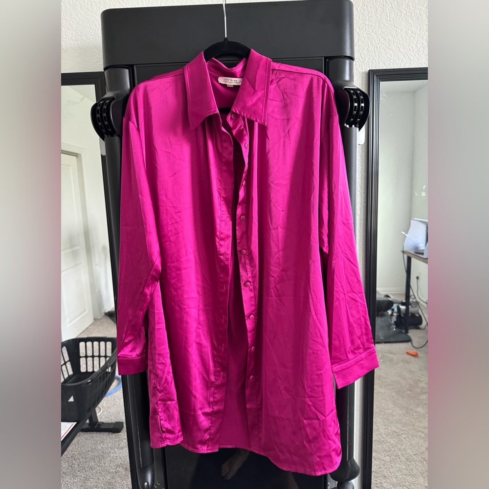 Vibrant Pink Satin Button-Up Shirt Dress